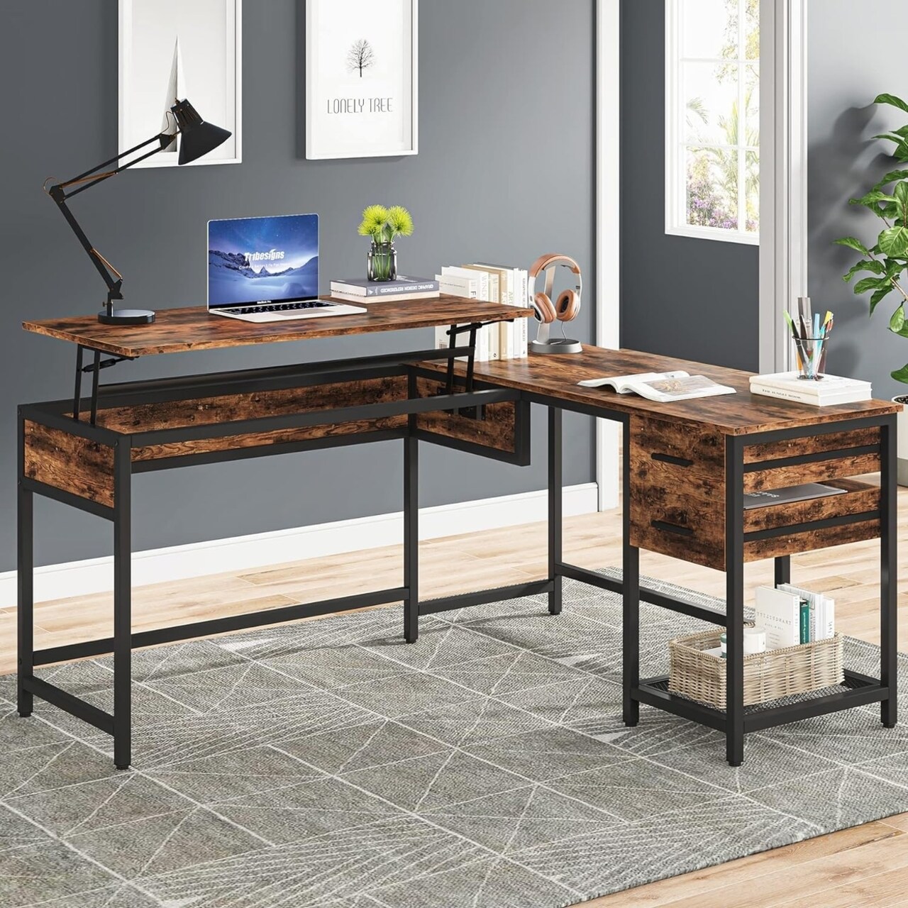 Tribesigns L-Shaped 59" Large Computer Desk with Drawers Corner Desk with Lift Top